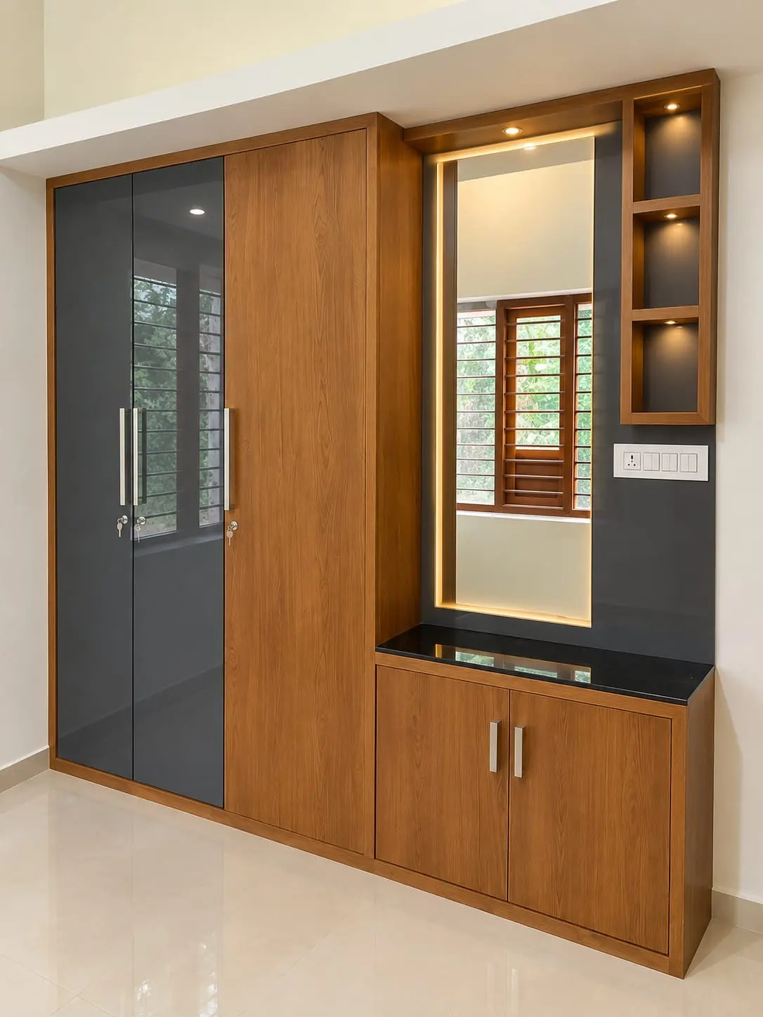 Grey and wood-finish wardrobe with a dressing table and open shelving