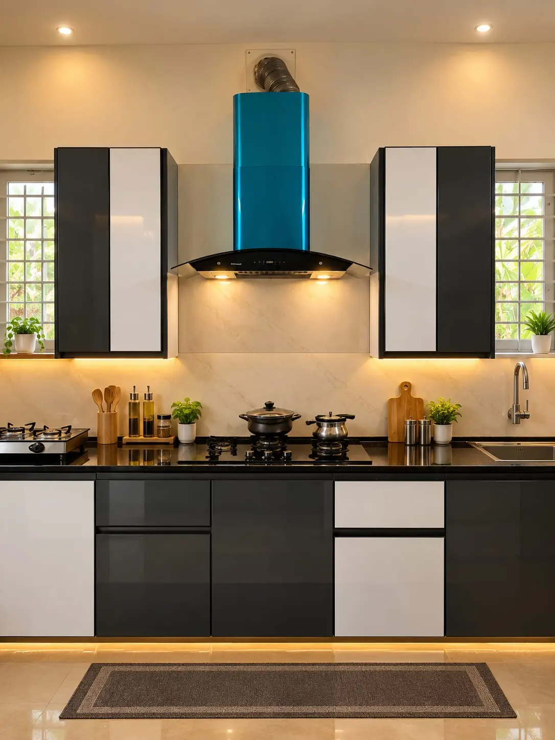 Black and white gloss modular kitchen with a teal chimney over the hob and a lit marble splashback