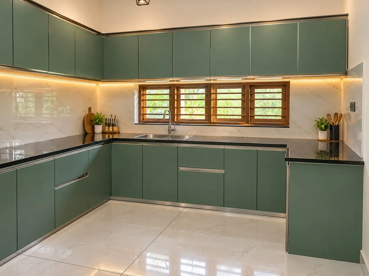 Sage green modular kitchen with glass shutters and a lit splashback
