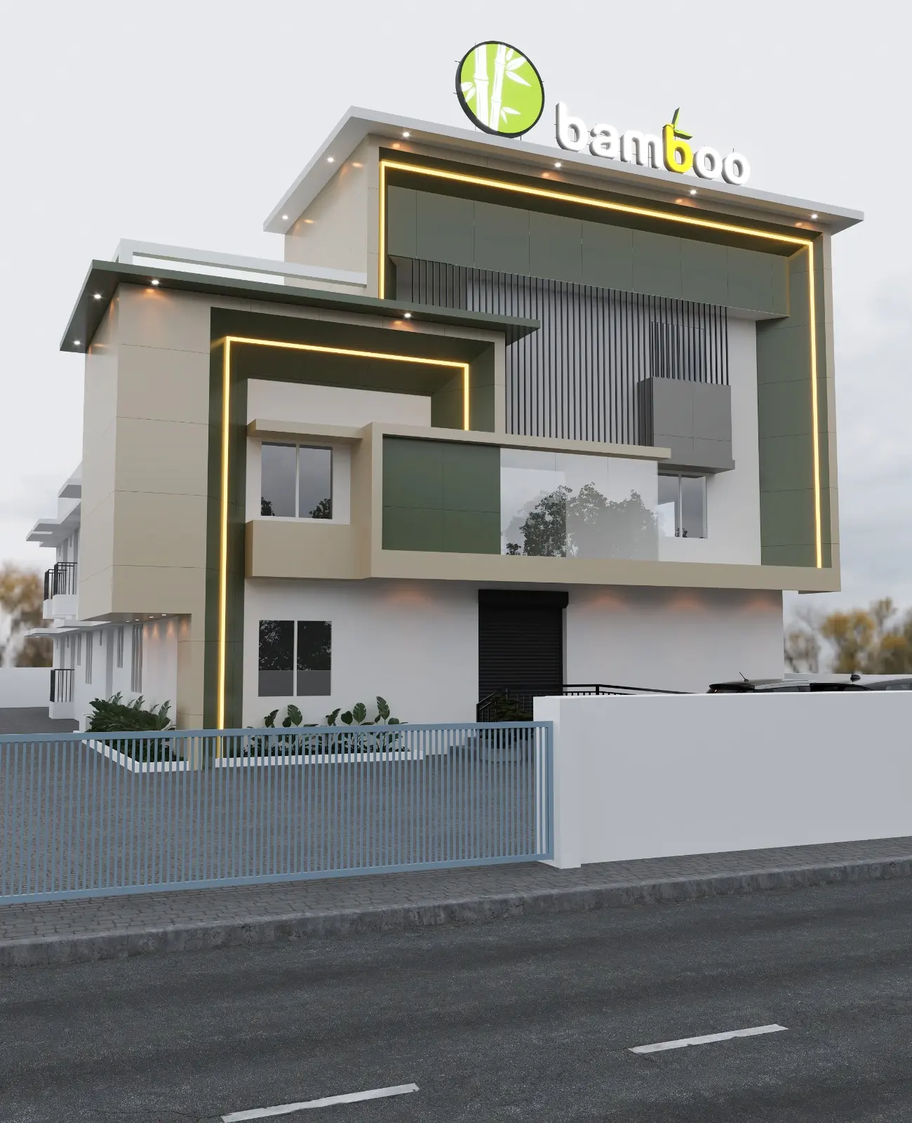 3D design of a restaurant facade with aluminium louvres
