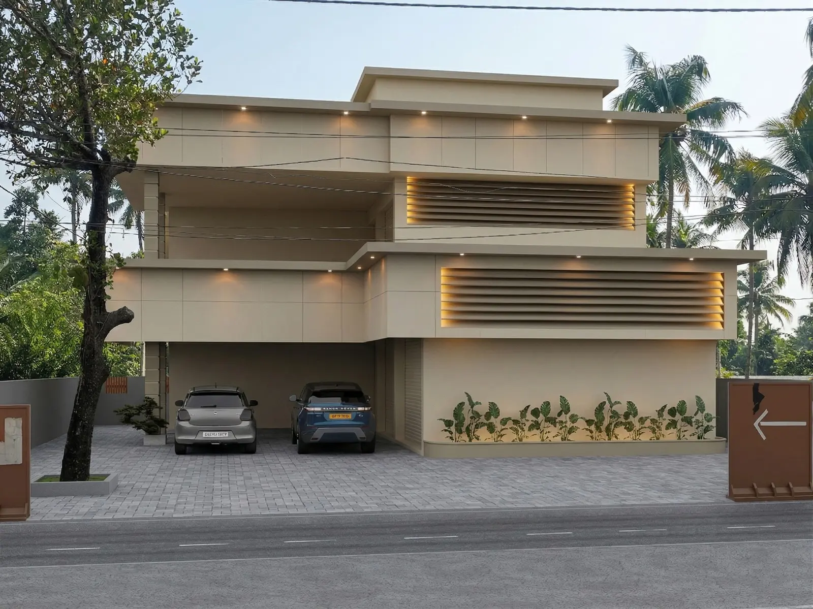 3D design of a house front with a car porch