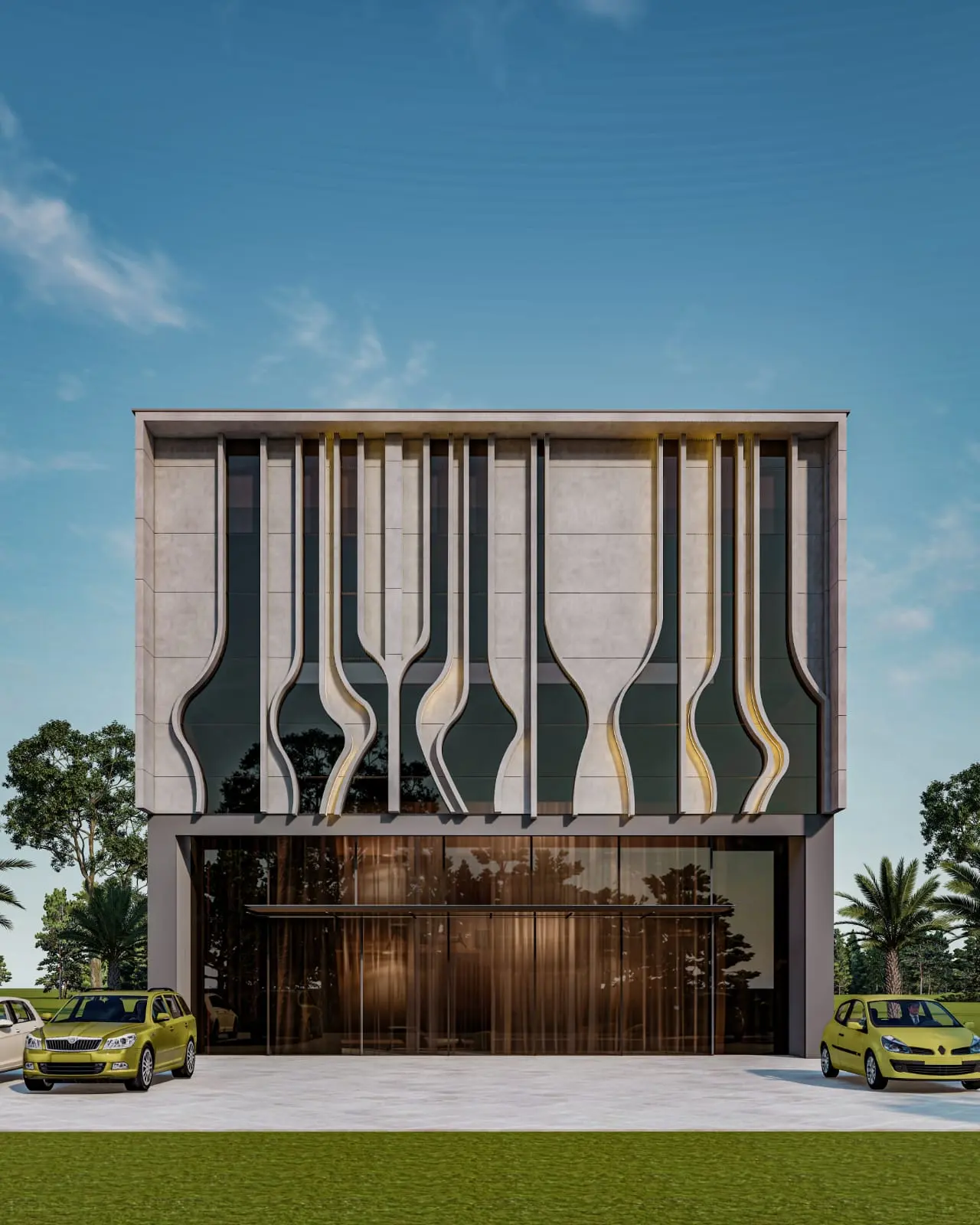 3D design of a two-storey building with sculpted vertical ACP fins over a glazed ground floor