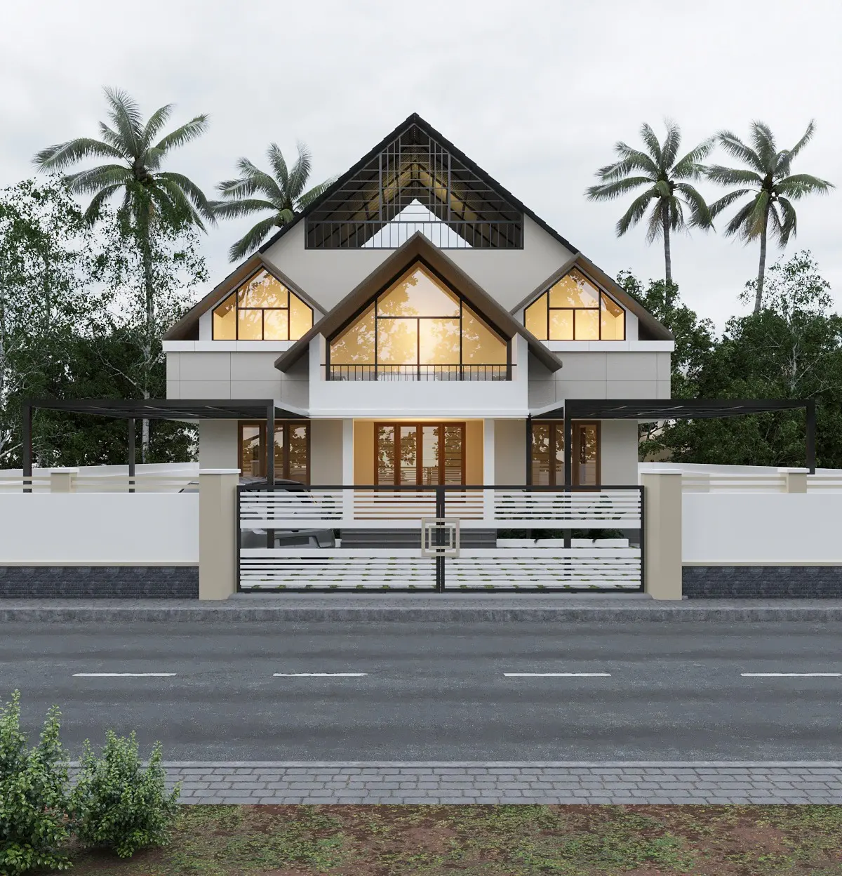 3D design of a pitched-roof house with glazed gables